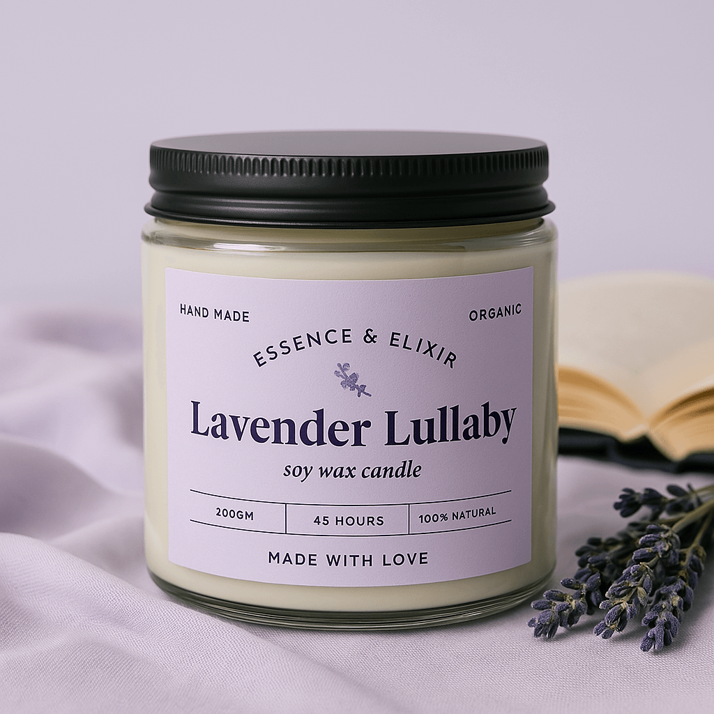Lavender Lullaby soy wax candle in lavender scent for relaxation and calm ambiance