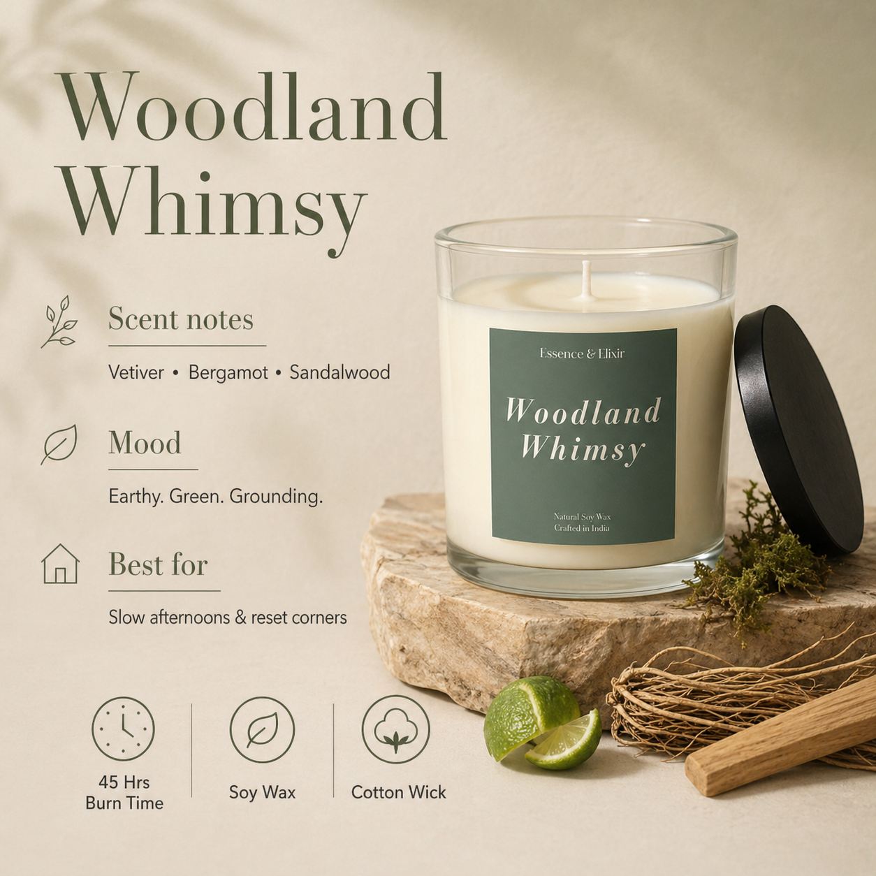 Candle labeled 'Woodland Whimsy' with descriptive text on a neutral background