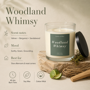 Candle labeled 'Woodland Whimsy' with descriptive text on a neutral background